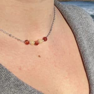 Collier - Bijoux - Lithothérapie - Pierres fines - Pierres Naturelles - Ras le cou Agathe - Cornaline et Calcite Jaune 6mm